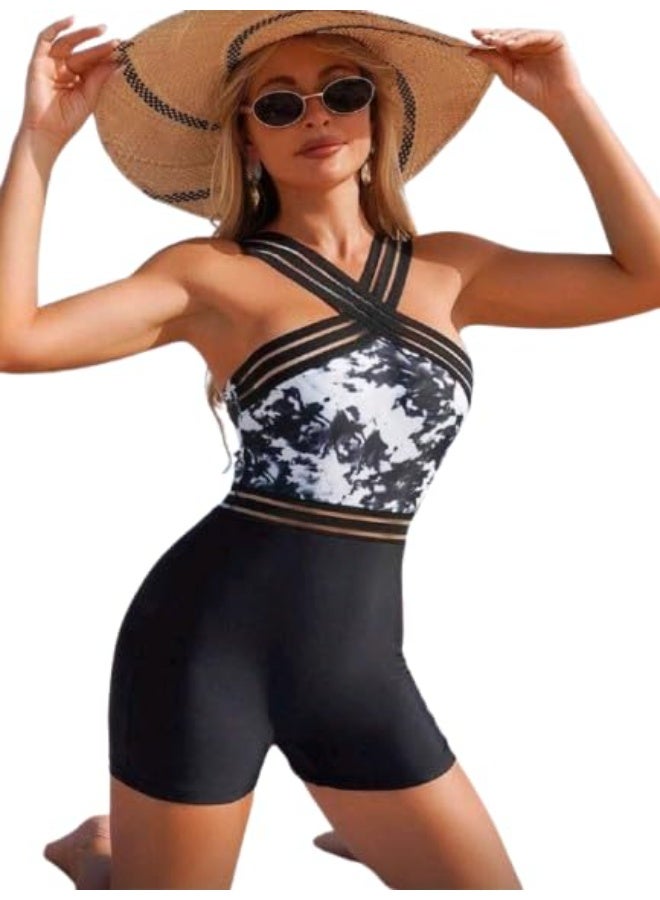 شي إن SHEIN-Tie Dye Contrast Mesh One Piece Swimsuit - Image 1